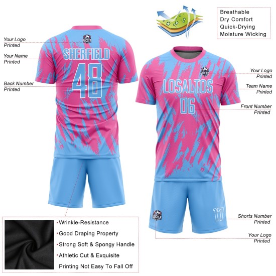 Maillot de football personnalisé rose bleu clair et blanc par sublimation Maillot de football personnalisé rose bleu clair et blanc par sublimation