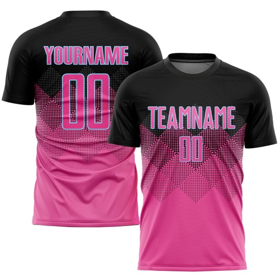 Maillot de football personnalisé à sublimation, dégradé rose, noir et bleu clair, forme carrée Maillot de football personnalisé à sublimation, dégradé rose, noir et bleu clair, forme carrée