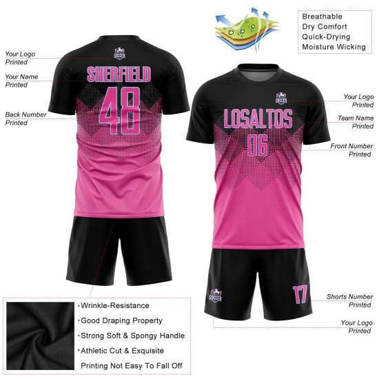 Maillot de football personnalisé à sublimation, dégradé rose, noir et bleu clair, forme carrée Maillot de football personnalisé à sublimation, dégradé rose, noir et bleu clair, forme carrée