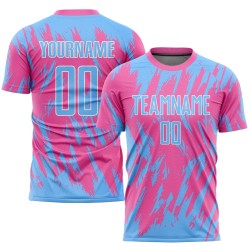 Maillot de football personnalisé rose bleu clair et blanc par sublimation