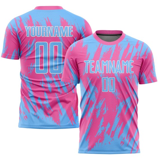 Maillot de football personnalisé rose bleu clair et blanc par sublimation Maillot de football personnalisé rose bleu clair et blanc par sublimation